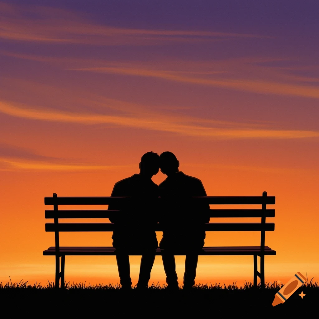 Two men in silhouette sit on a bench, their heads resting together, against a vibrant orange and purple sunset.