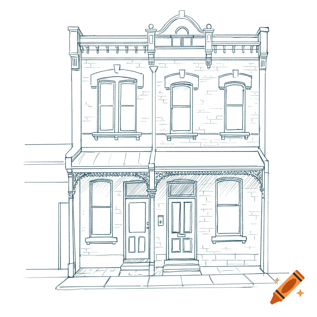 Loose line sketch of a classic symmetrical Victorian terrace house with multiple windows and two doors.