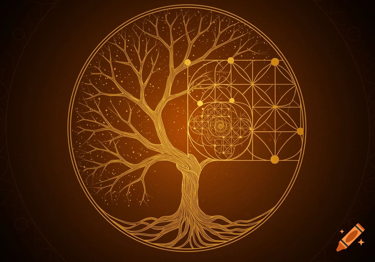 Golden line art illustration of a tree of life combined with a Fibonacci spiral and geometric patterns inside a circle.
