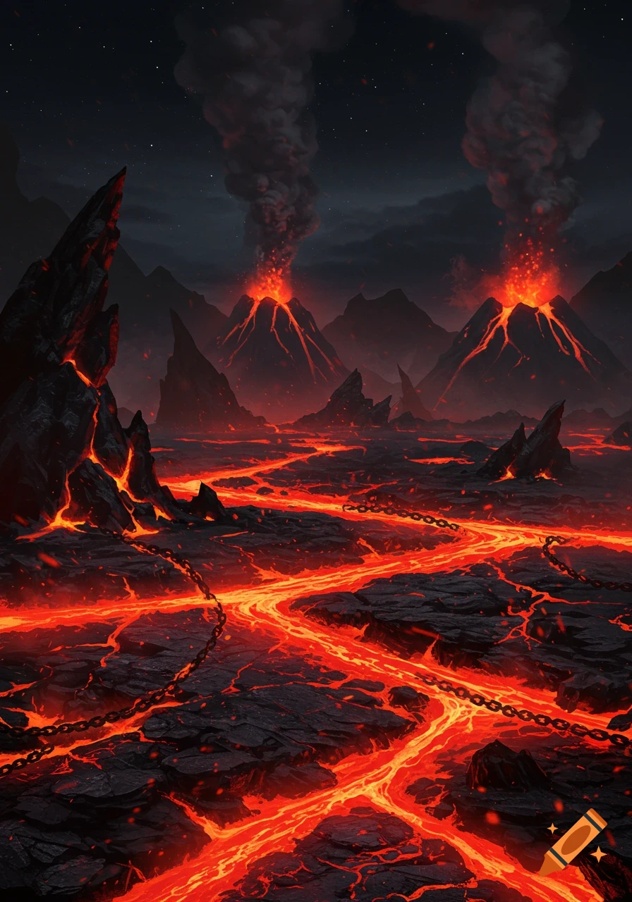 A dark, ominous landscape with multiple erupting volcanoes, rivers of glowing molten lava, and chains on the jagged black rock.