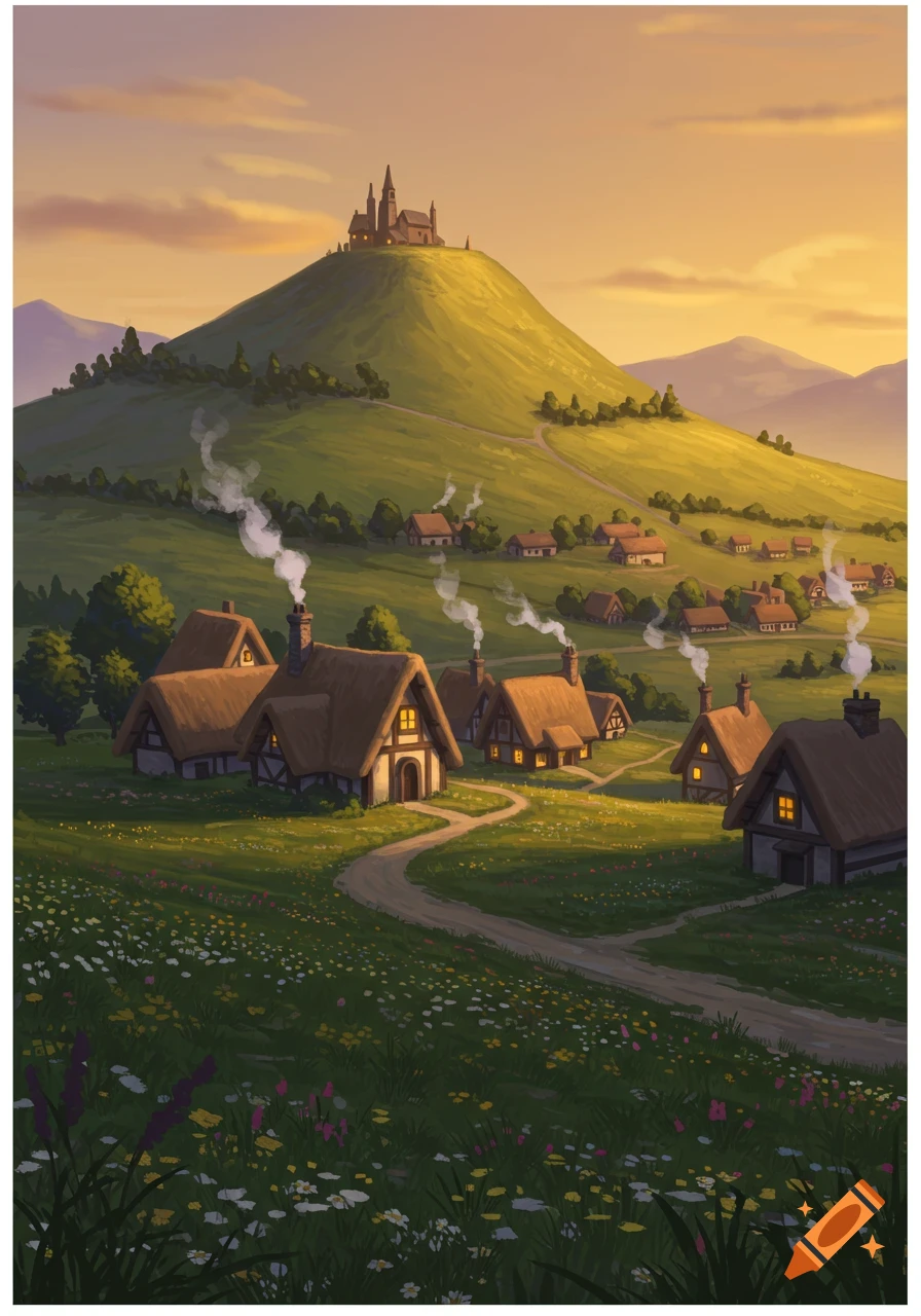A vibrant, storybook-style illustration of a village nestled in a green valley, with thatched-roof houses and winding paths leading up a hill to a grand castle under a golden sunset.