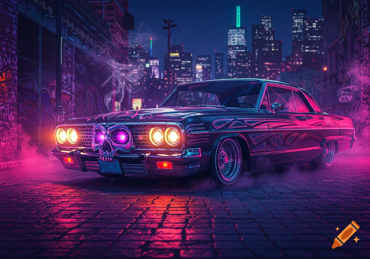 A custom lowrider car with a glowing skull grill and bright headlights on a neon-lit city street at night, in a cyberpunk style.
