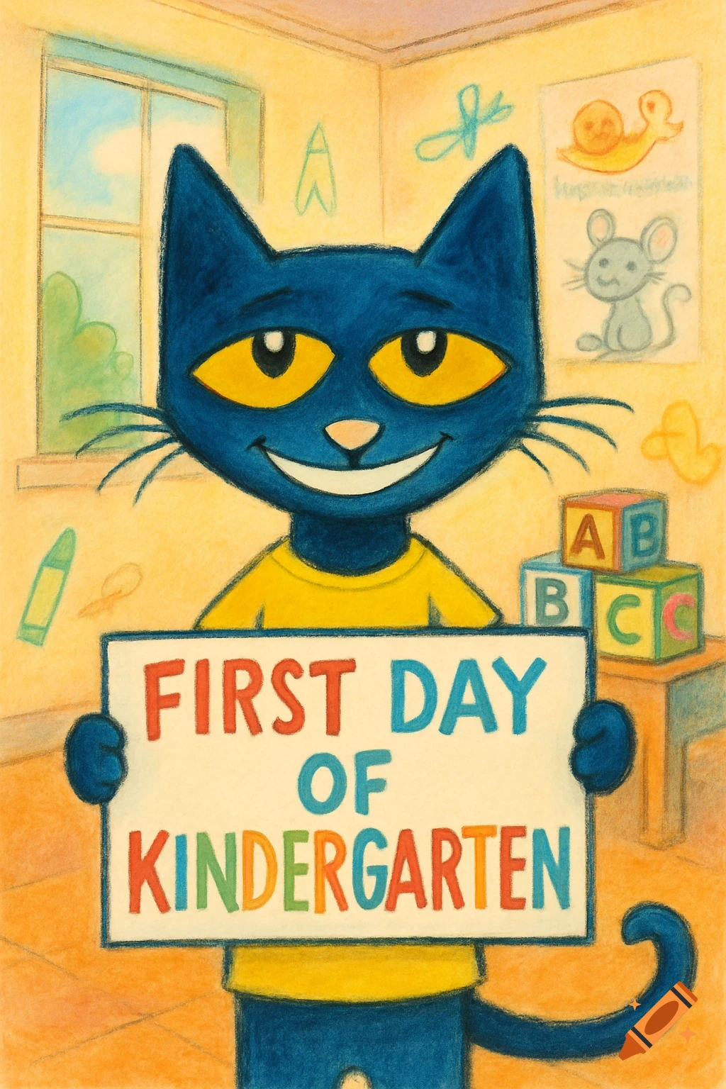 A smiling blue cat, Pete the Cat, holds a sign that reads 'FIRST DAY OF KINDERGARTEN' in a crayon-style classroom.