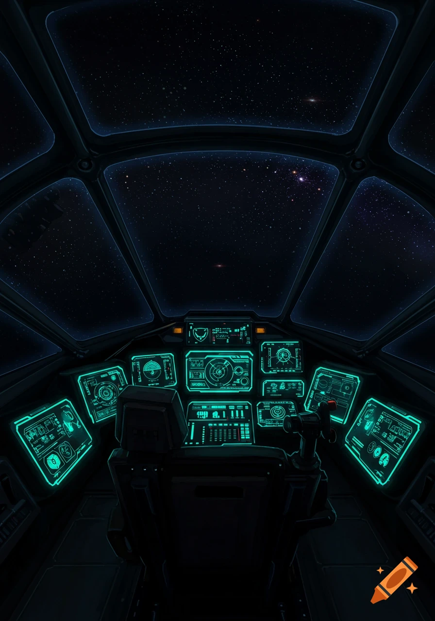 A dark, neon-lit spaceship cockpit with many glowing green screens looking out into the starry expanse of space.