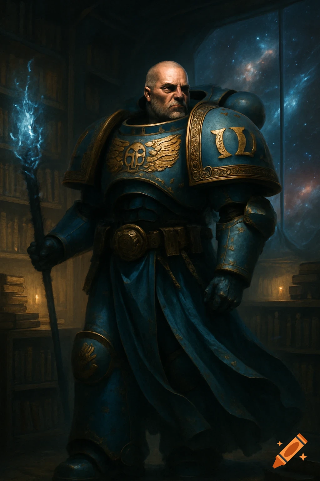 A bald space marine in blue and gold armor, holding a glowing blue staff, stands in a dimly lit library with a cosmic window background.