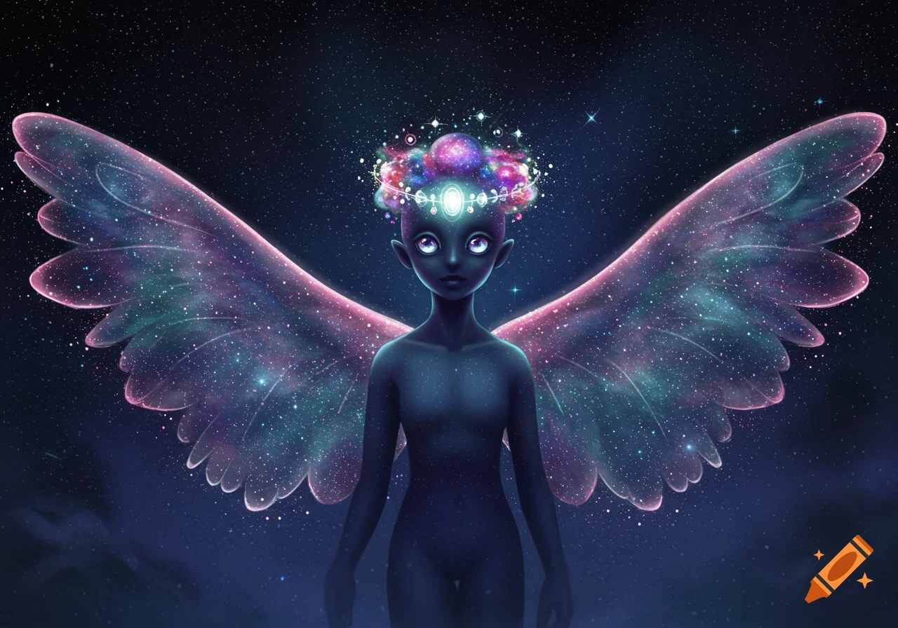 A stylized dark-skinned figure with cosmic wings and a starry crown stands against a starry space background, digital art.