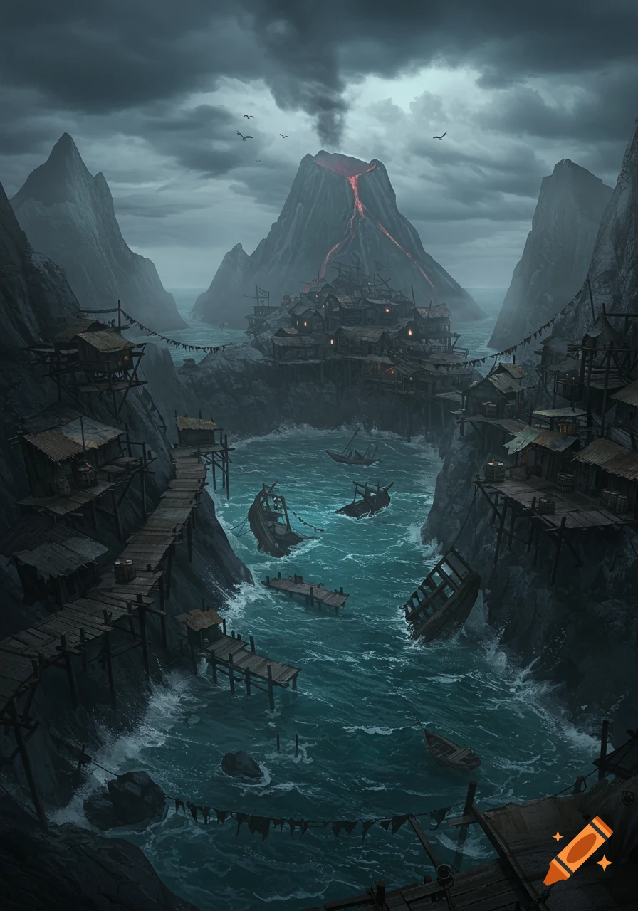 Dark fantasy pirate island with shanty towns on cliffs, shipwrecks in turbulent waters, and an erupting volcano under a stormy sky.