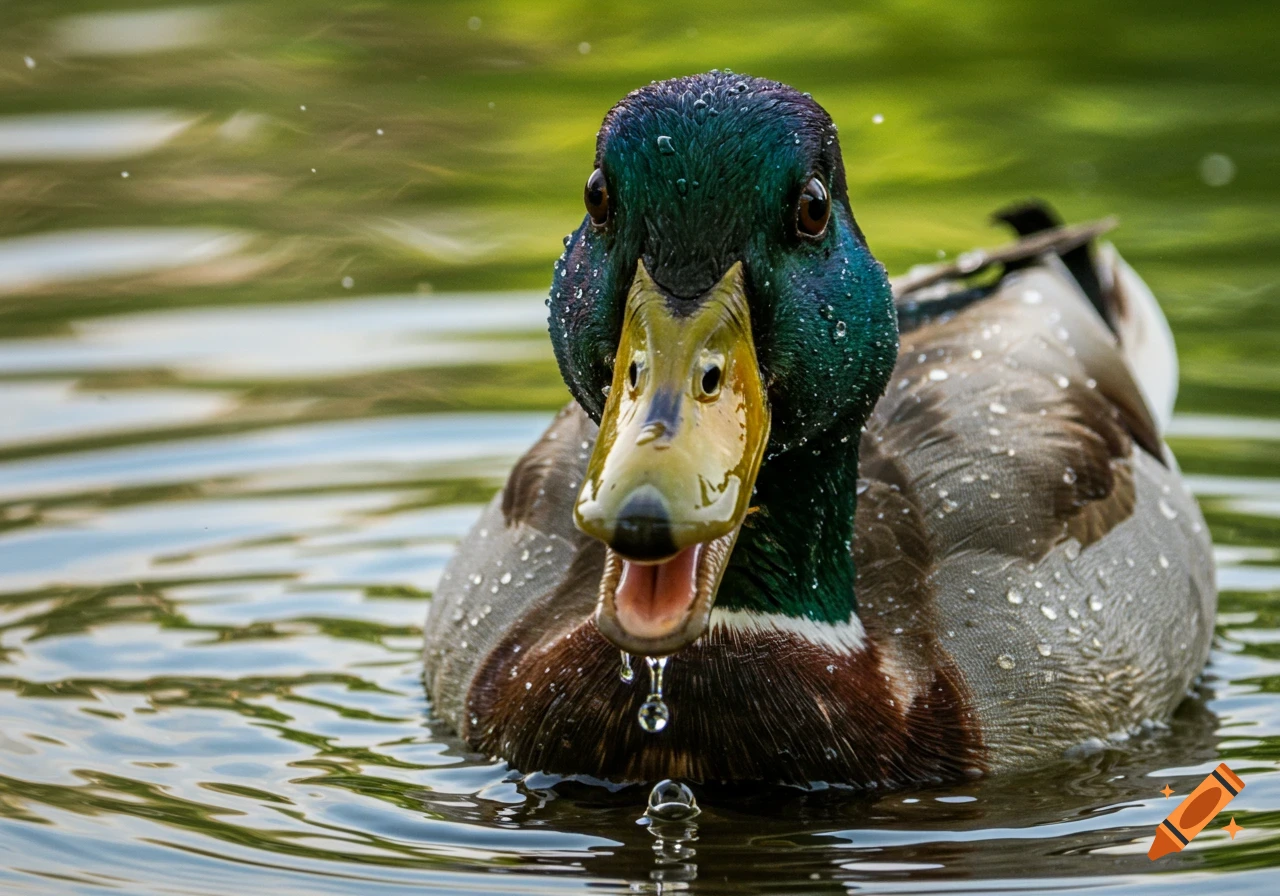 Close-up of a mallard duck with water drops on its head, mouth open, and a water droplet falling from its beak into the water.