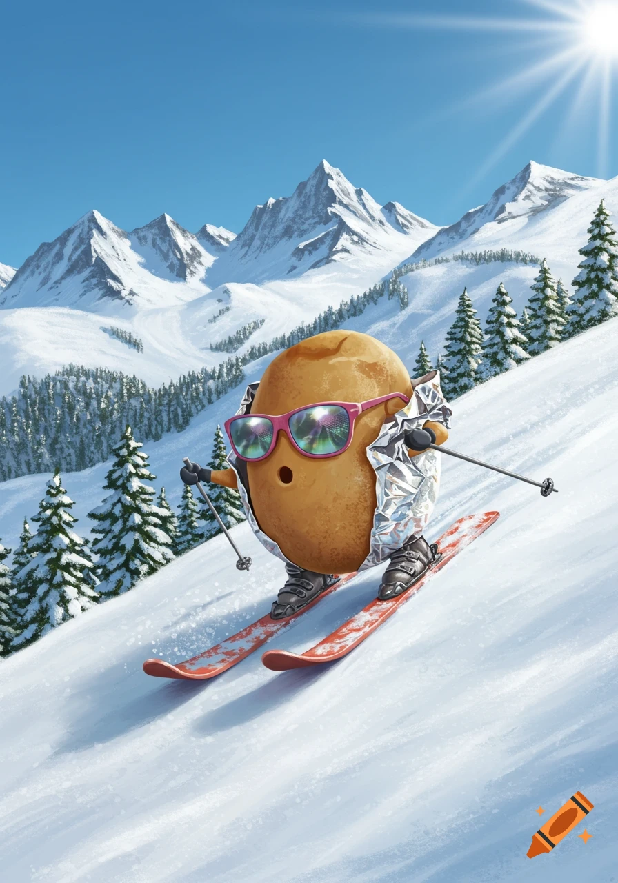 A cartoon baked potato in foil, wearing sunglasses, skis down a snowy mountain with trees and peaks in the background.