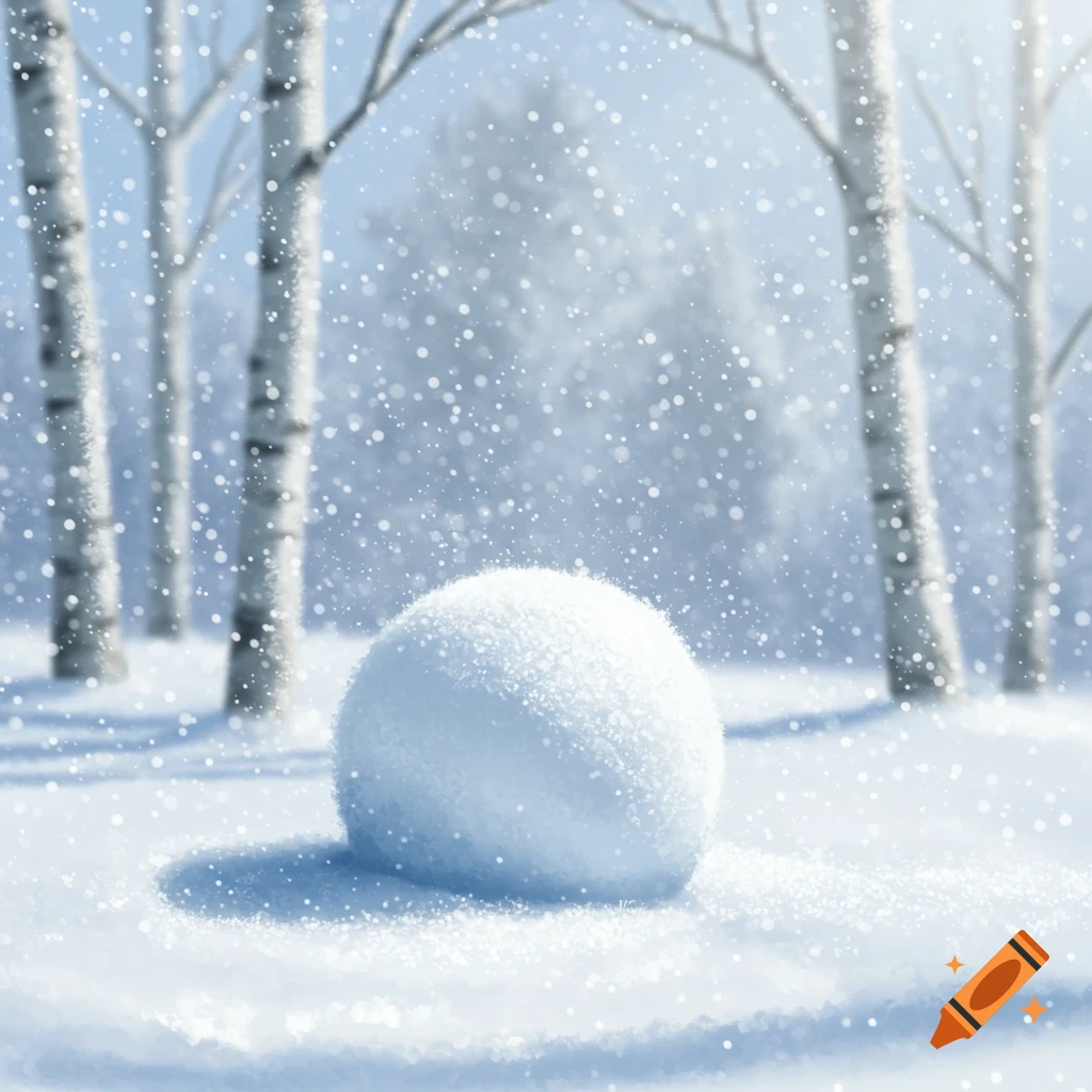 A perfectly round snowball sits in a snowy forest scene with falling snow and white birch trees in the background.