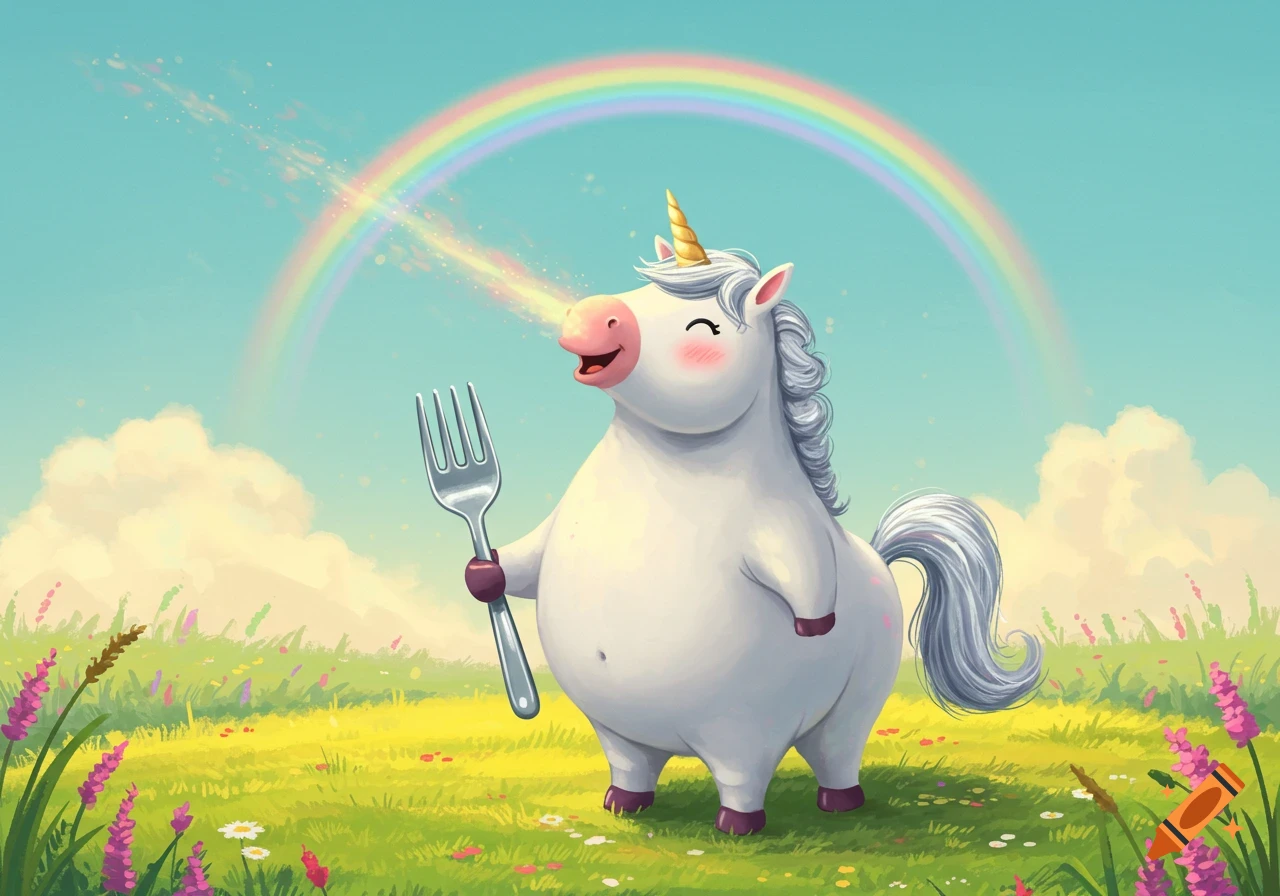 A cute, fat unicorn stands in a green field under a rainbow, spitting out smaller rainbows and holding a silver fork.