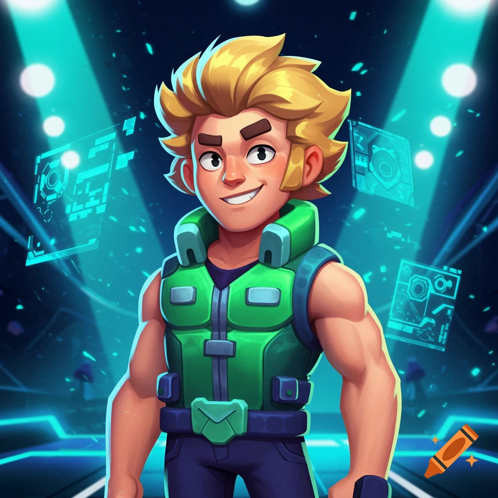 A cartoonish male character with spiky blonde hair and a green vest smiles in a futuristic blue and purple setting with glowing digital screens.