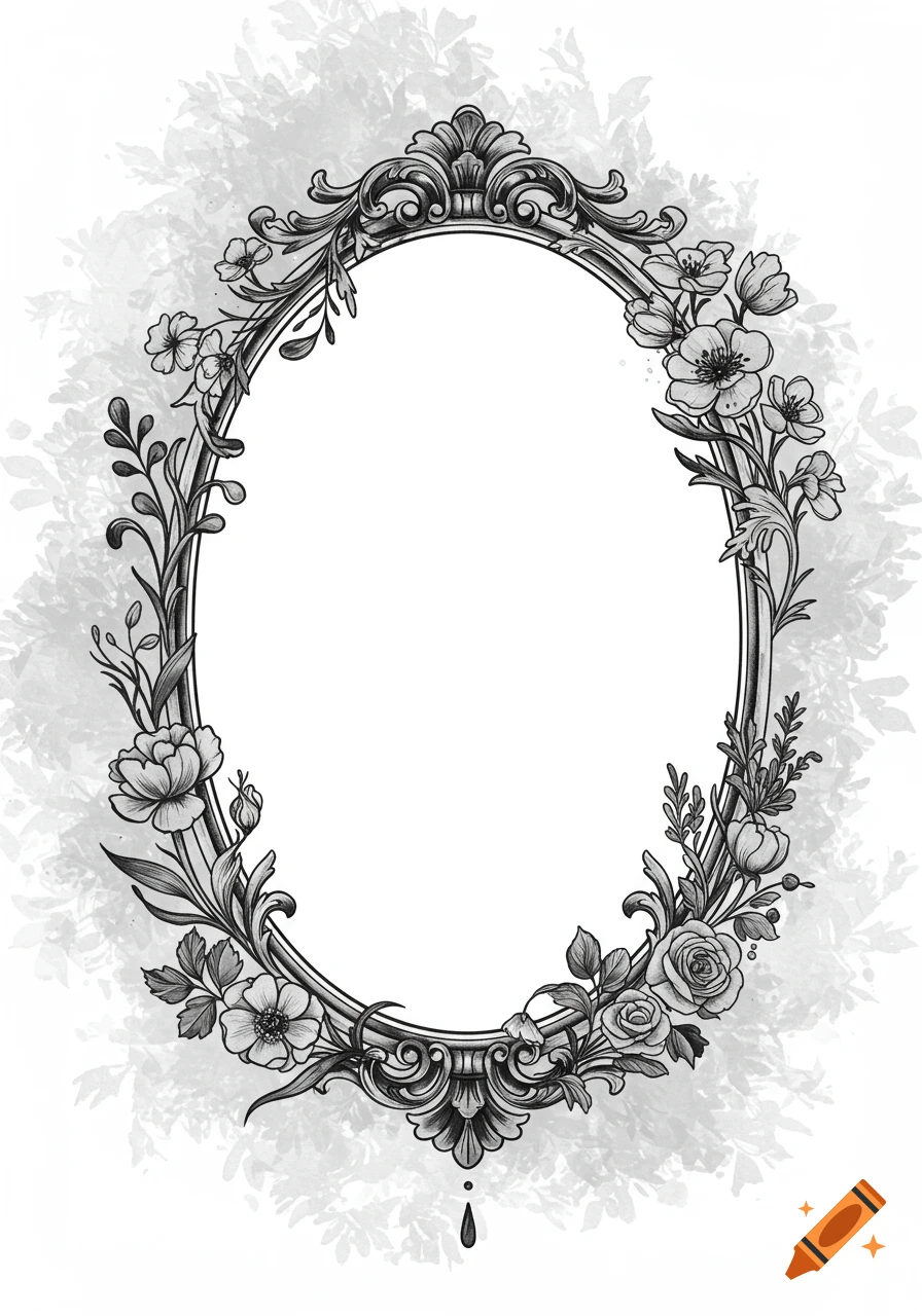 A black and grey ornate oval frame with gothic and bohemian floral detailing, surrounded by wildflowers, roses, and leaves, on a watercolor background.