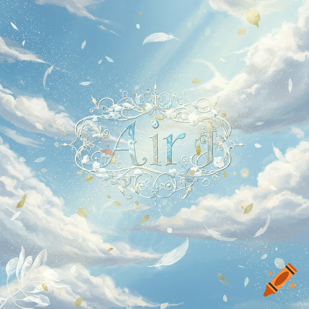 An illuminated manuscript style depiction of the word 'Air' surrounded by clouds, feathers, and golden leaves in a bright blue sky.