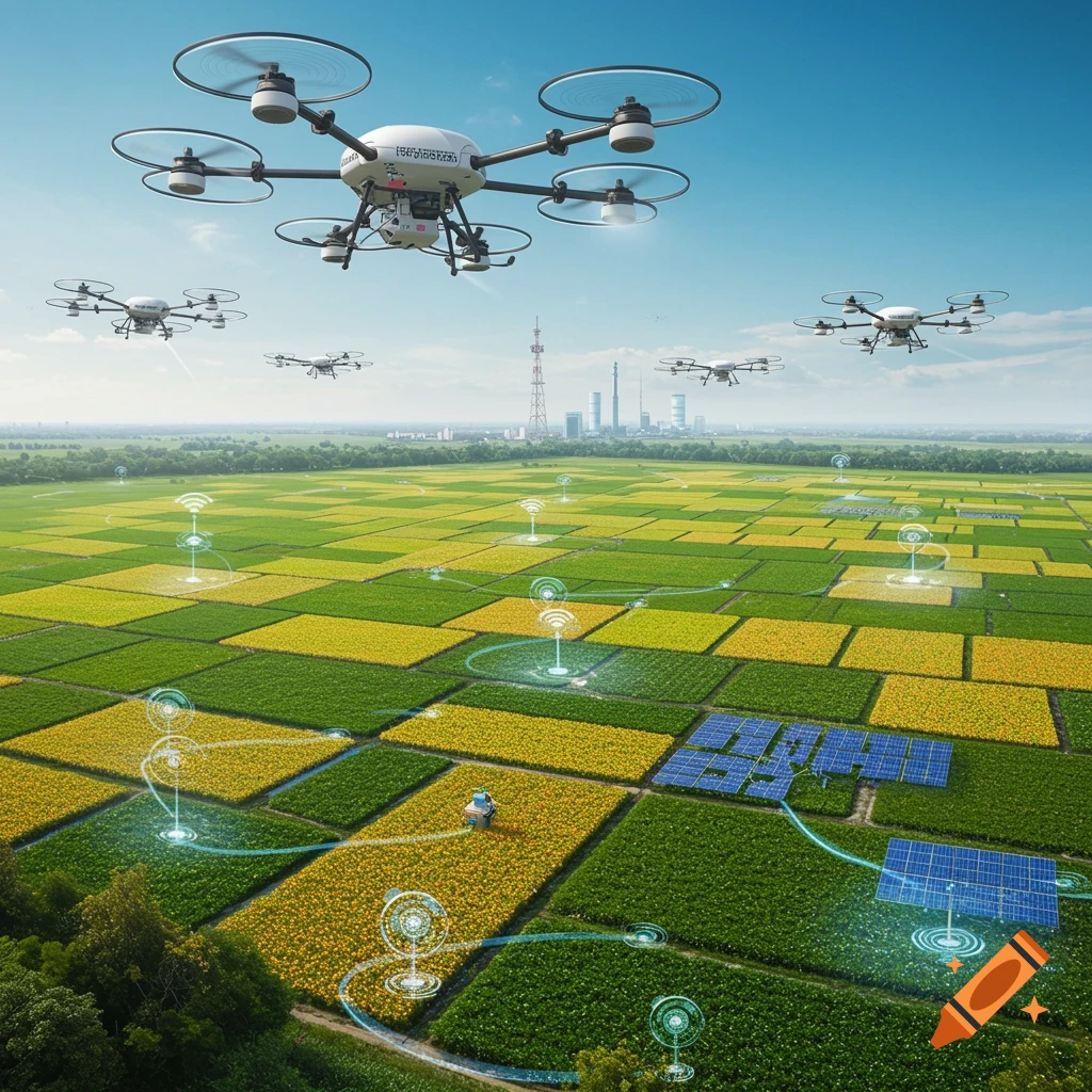Photorealistic image of drones flying over diverse farm fields with glowing smart farming technology and solar panels, city in background.