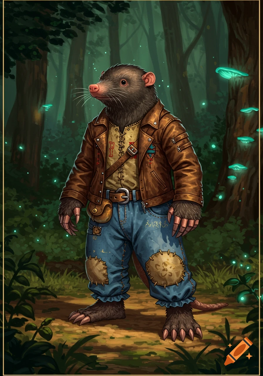 A mole-like D&D character in a brown leather jacket and patched blue jeans stands in a magical forest with glowing mushrooms.