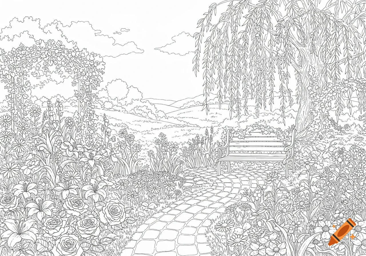 A black and white line drawing of a peaceful garden with a winding path, a bench under a weeping willow tree, and abundant flowers.