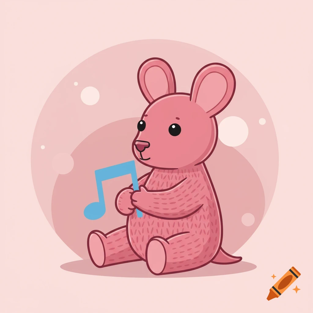 A pink, cartoon kangaroo-like creature sitting and holding a blue musical note in clipart style.