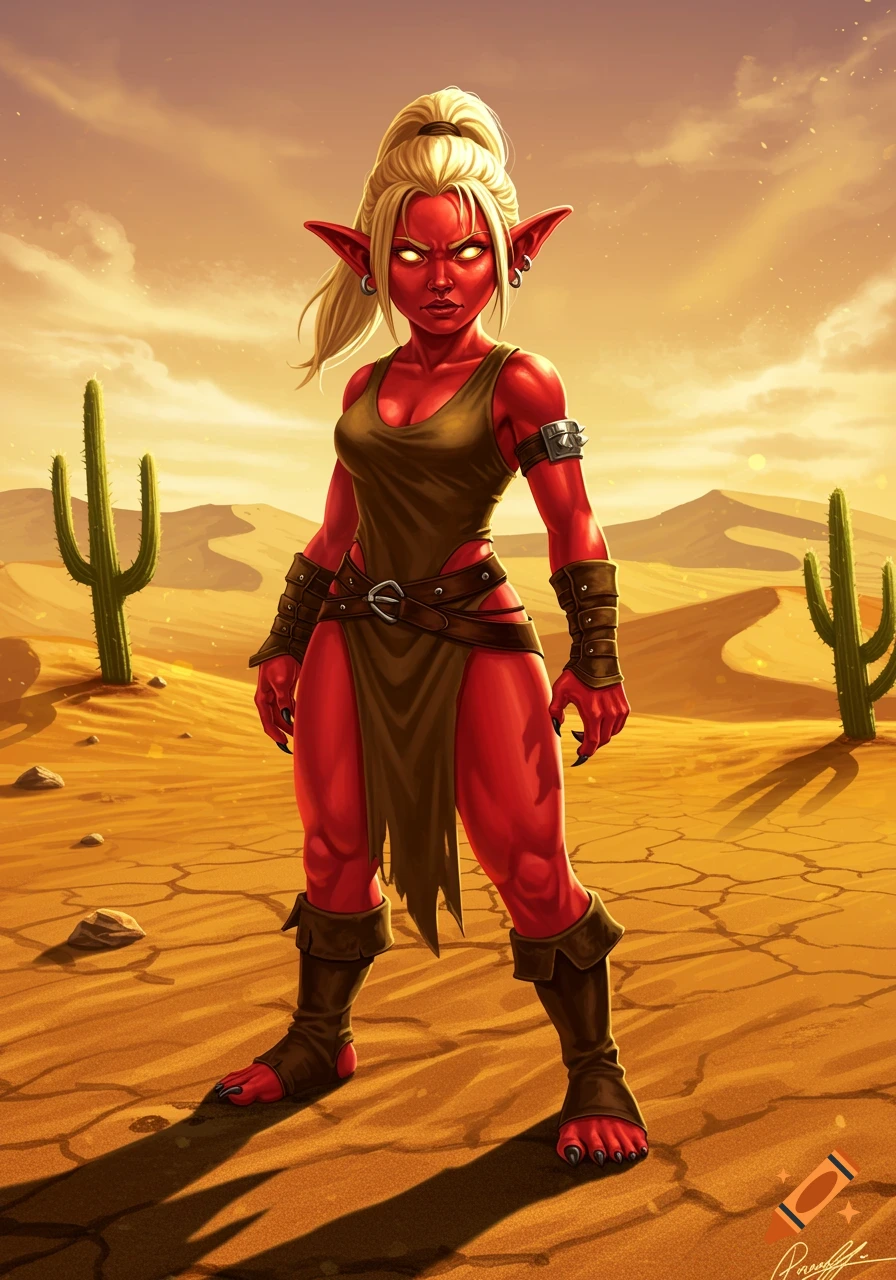 Red-skinned female fantasy character with blonde ponytail and glowing eyes stands in a desert with cactuses under an orange sky.