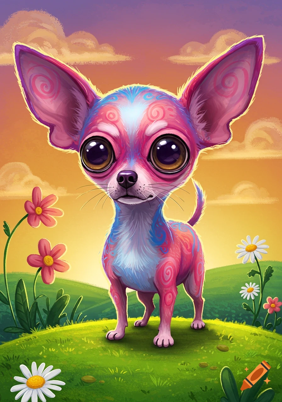 A vibrant, big-eyed cartoon chihuahua with pink, blue, and white fur stands on a green hill with colorful flowers under an orange and purple sky.