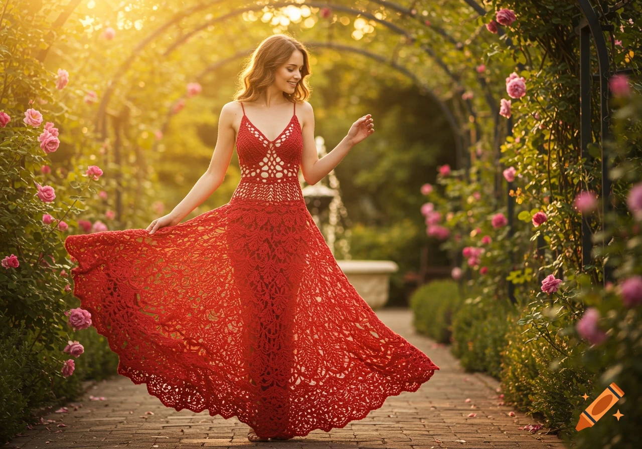Photorealistic image of a woman in a flowing red crochet dress walking in a sunny rose garden with arched trellises.