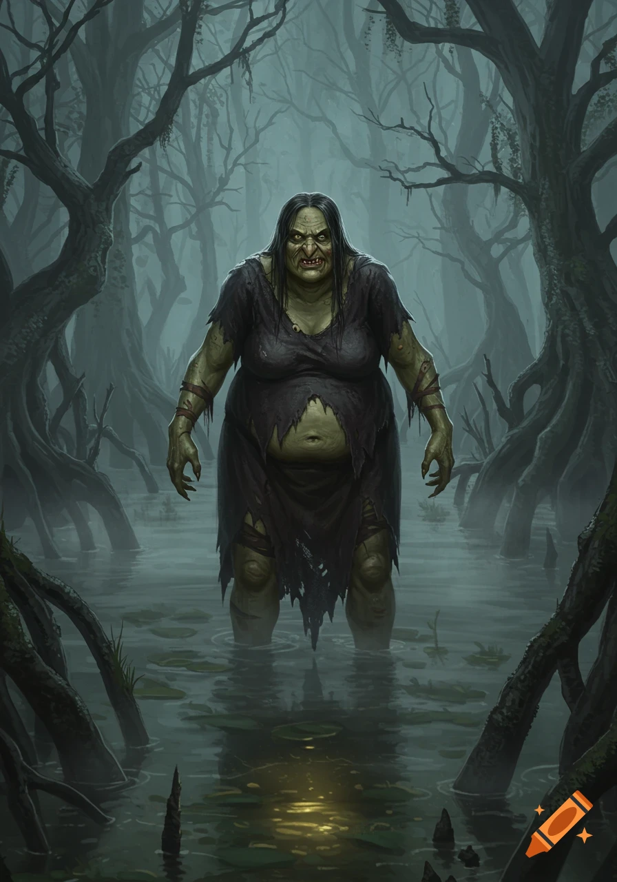 A grotesque, green-skinned witch in a tattered dress stands menacingly in a dark, misty swamp with gnarled trees.