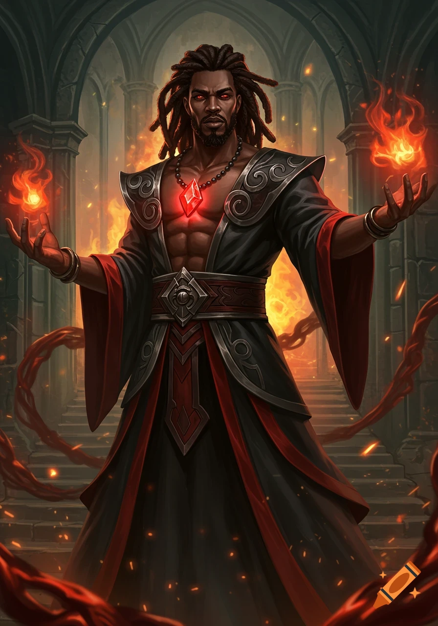 A powerful dark-skinned male sorcerer with dreadlocks and a goatee, wearing black and red robes, casting fire spells in a dim, grand hall.
