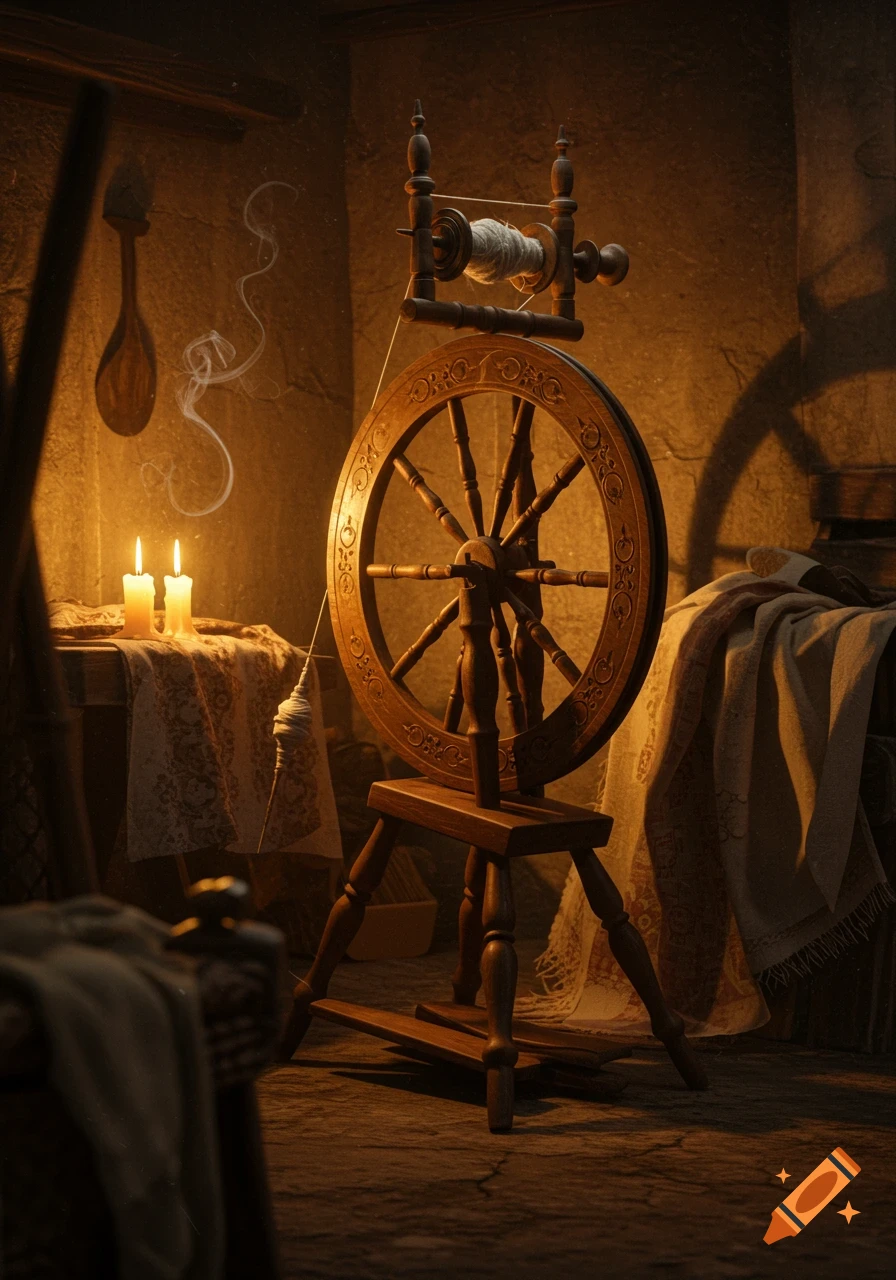 A wooden spinning wheel stands prominently in a dimly lit, rustic room, illuminated by two burning candles on a draped table.