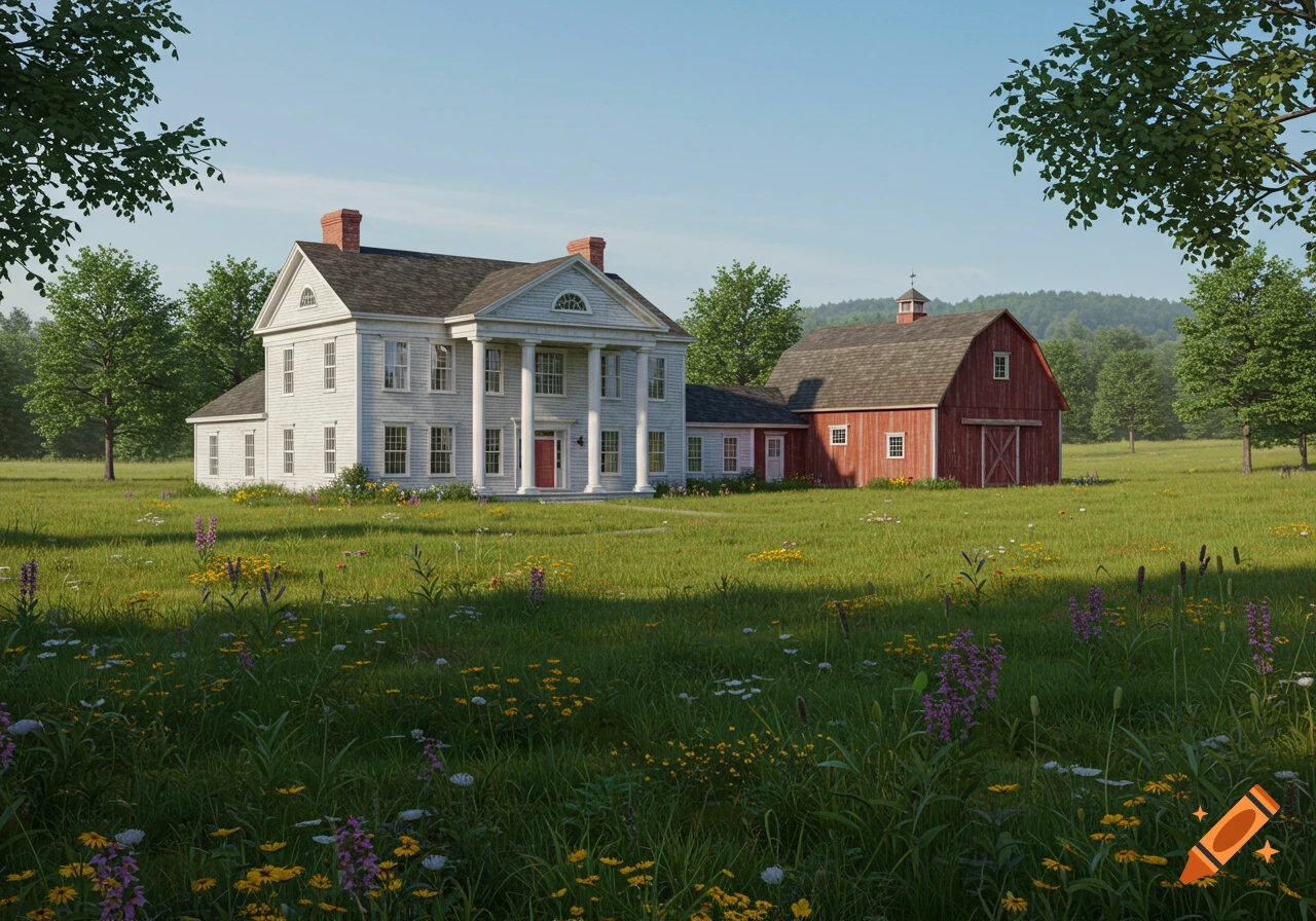 A grand white Greek Revival house with a red barn in a field of wildflowers under a clear sky.