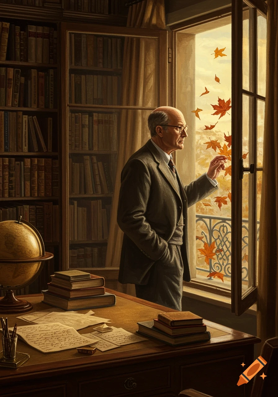 A man in a suit stands by an open window in a library, looking out at autumn leaves. A globe and papers are on a desk.