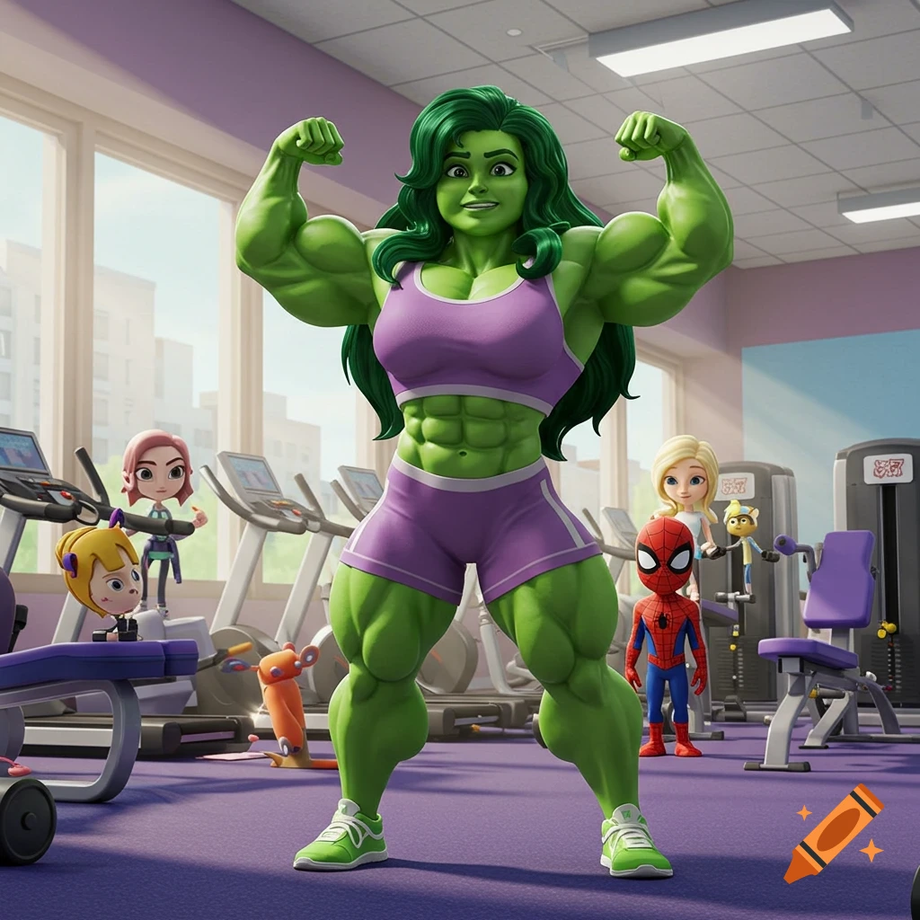 A muscular, green-skinned She-Hulk character in purple gym wear flexes in a cartoon gym, with smaller cartoon characters and Spider-Man in the background.