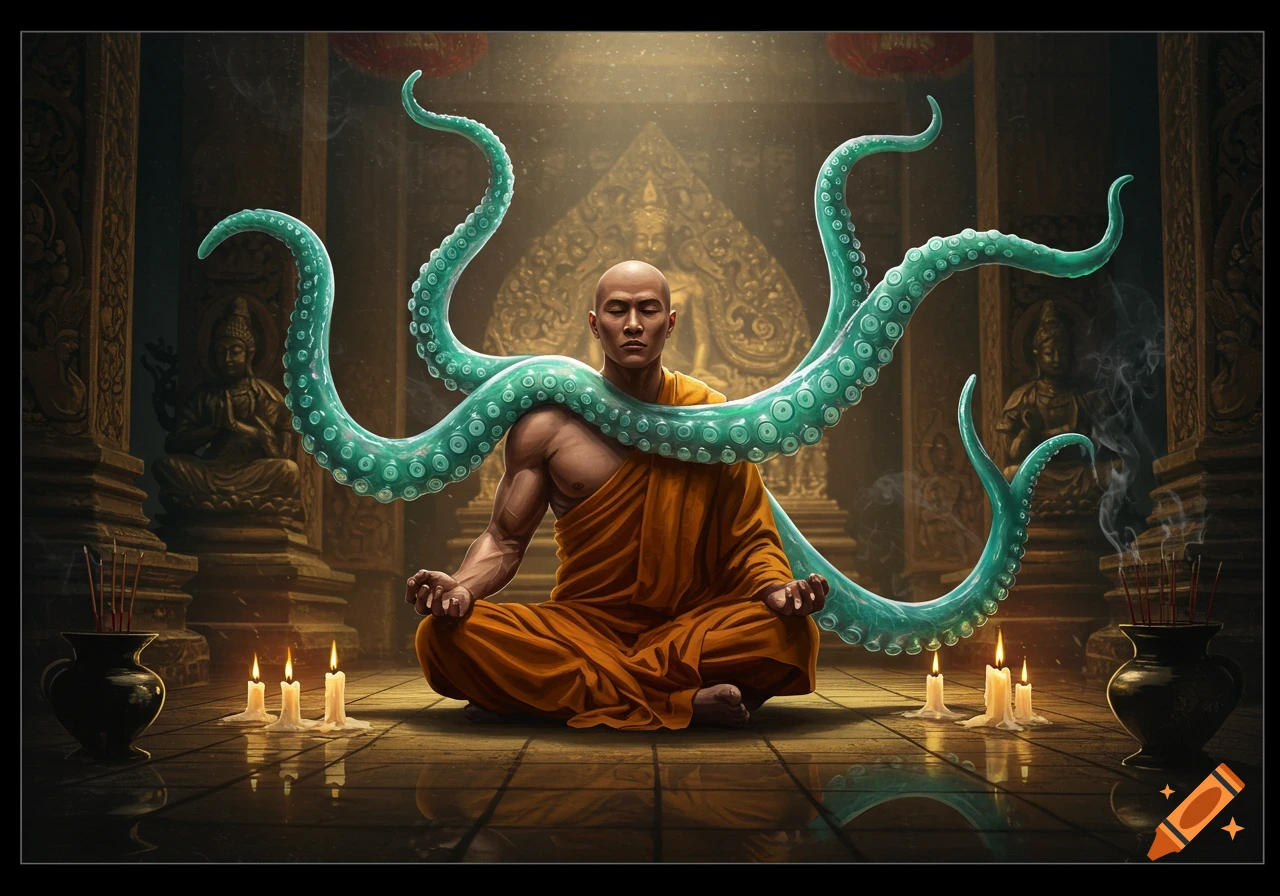 A monk meditates in a temple with large green tentacles wrapped around him, surrounded by candles.