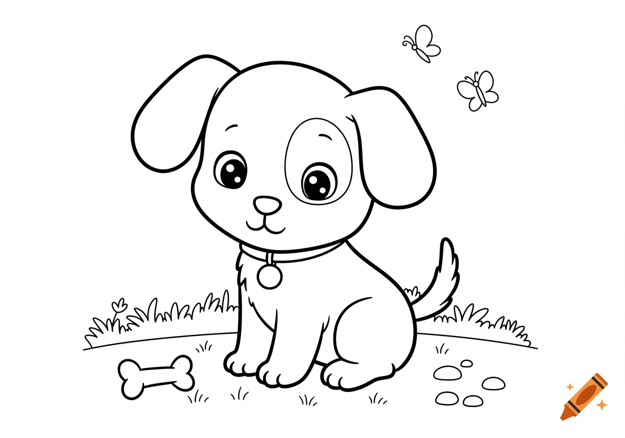 A cartoon puppy dog sitting in grass with a bone and butterflies, line art for coloring.