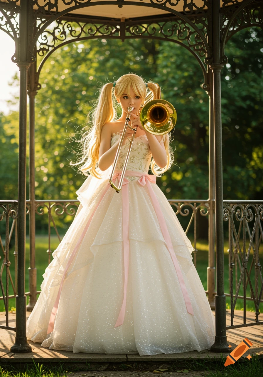 Young woman with blonde twintails in a white bridal dress with pink ribbons plays trombone in a sunny bandstand.