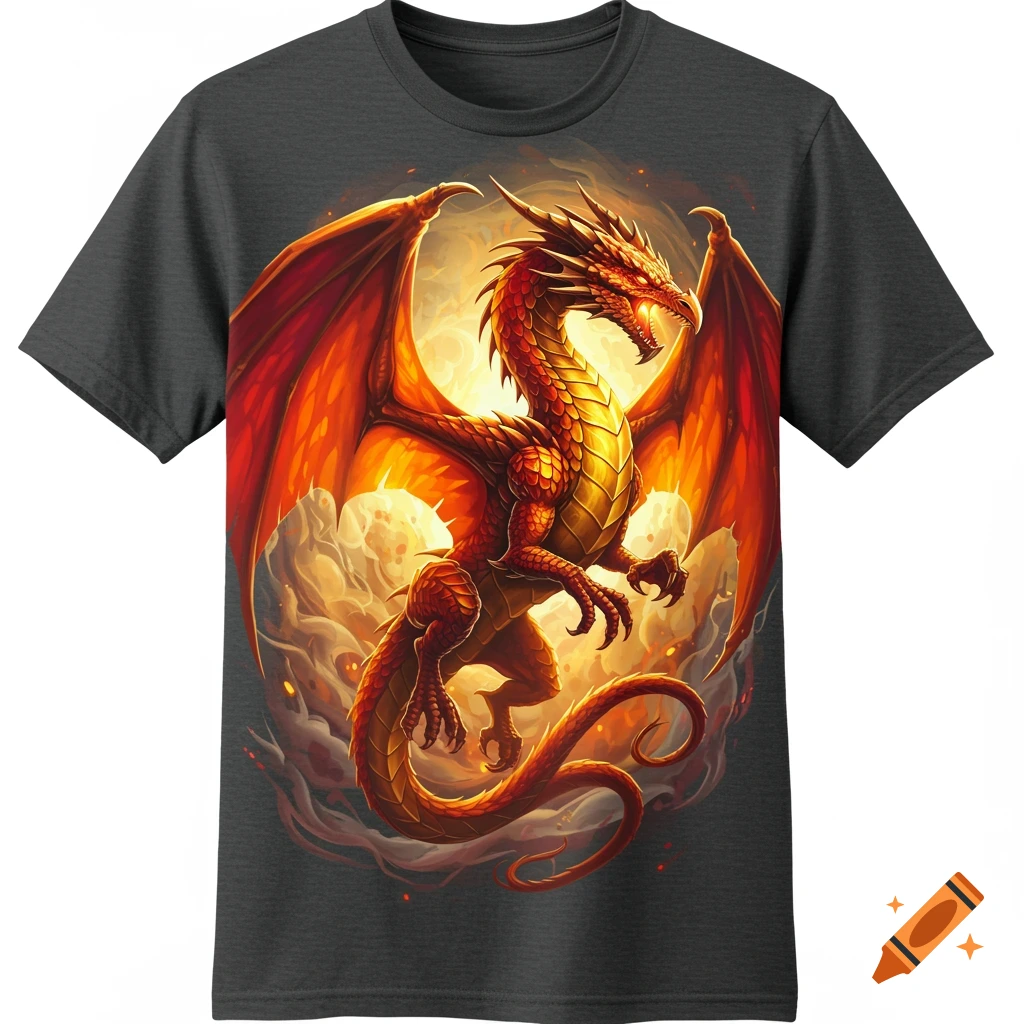 A vibrant red and gold dragon with large wings on a dark grey t-shirt, set against a fiery background.