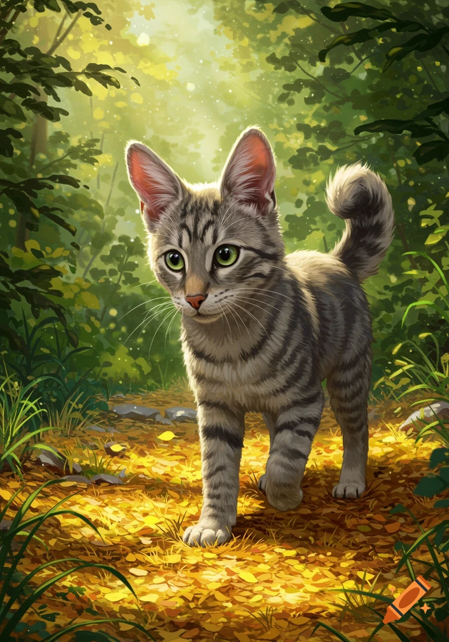 A cute gray tabby cat with green eyes walks on a path covered in golden leaves through a vibrant, sunlit forest in an illustrated style.