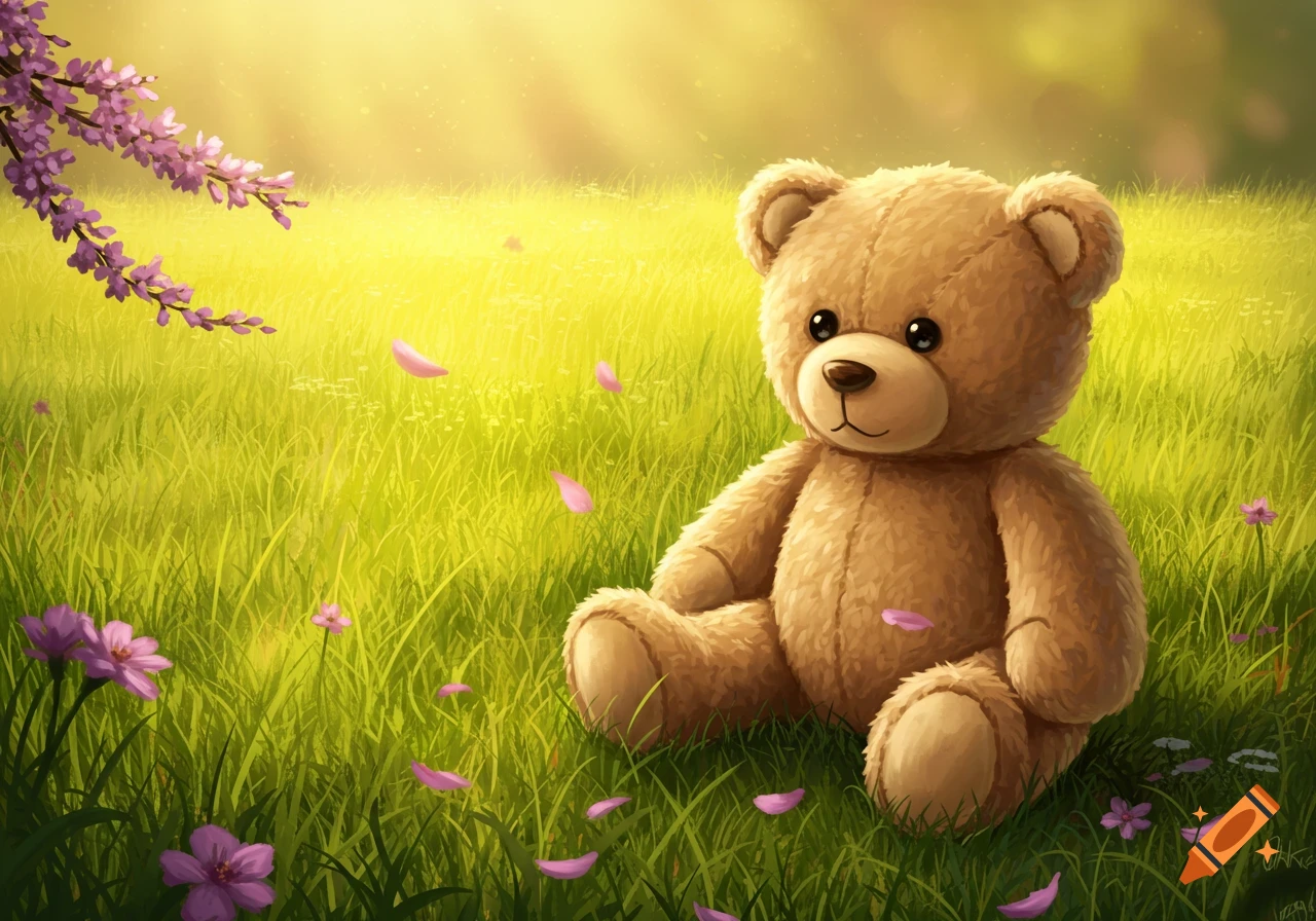 A cute brown teddy bear sits in a sunlit green grass field with purple flowers and petals in an illustration style.
