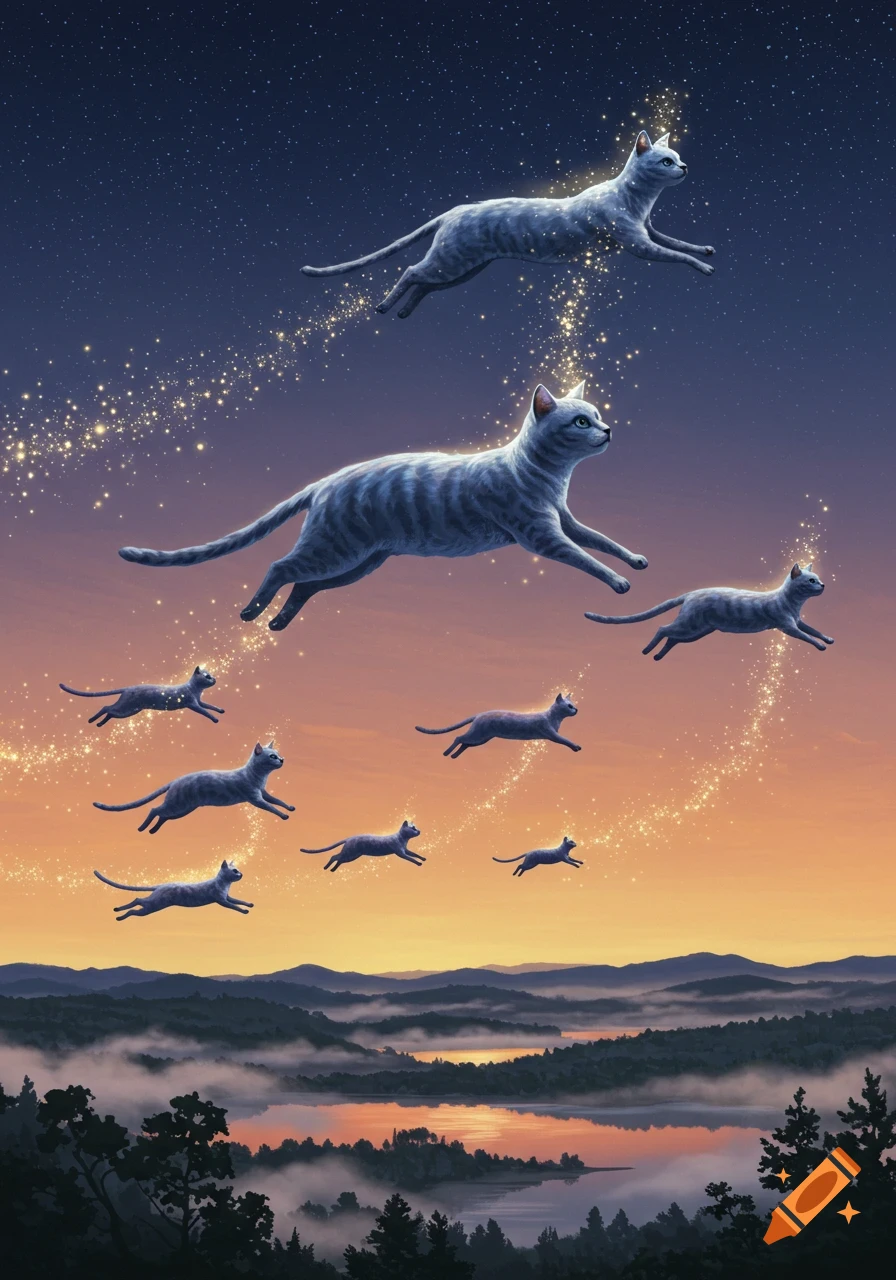 Multiple stylized cats fly across a starry, twilight sky, trailing golden sparkles, above a misty landscape with a lake.