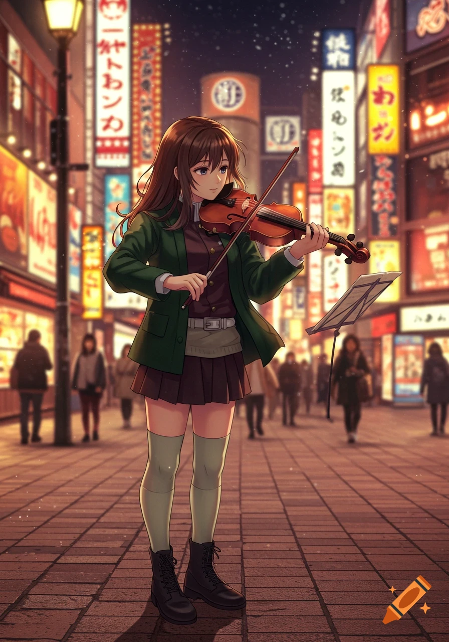 An anime girl playing the violin on a bustling Tokyo street at night, illuminated by neon signs, with blurred crowds in the background.