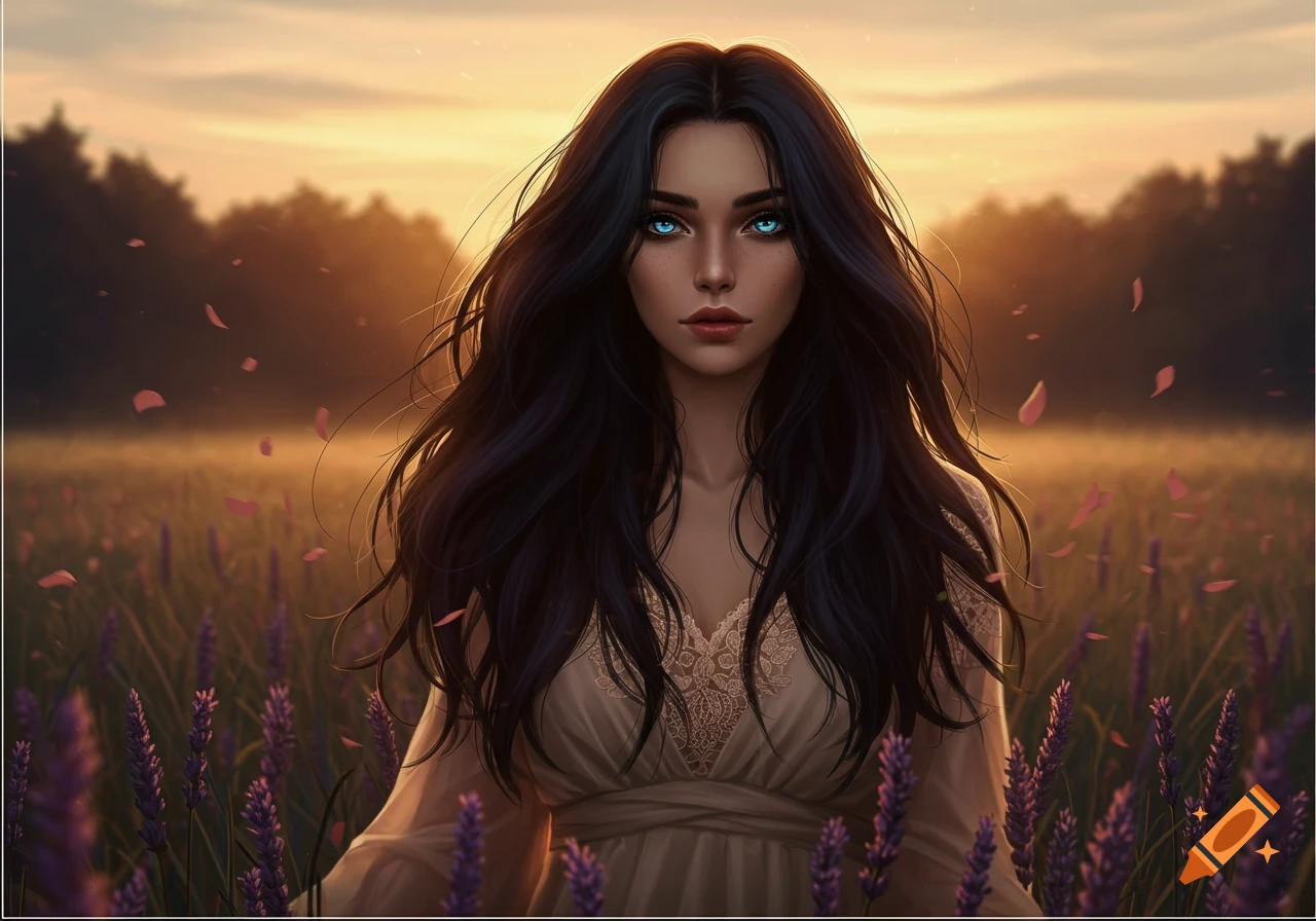 Fantasy portrait of a woman with long dark hair and blue eyes standing in a lavender field at sunset, with falling petals.