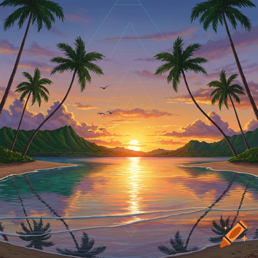 A vibrant painting of a tropical beach at sunset, with palm trees framing a calm bay reflecting the sky's colors.