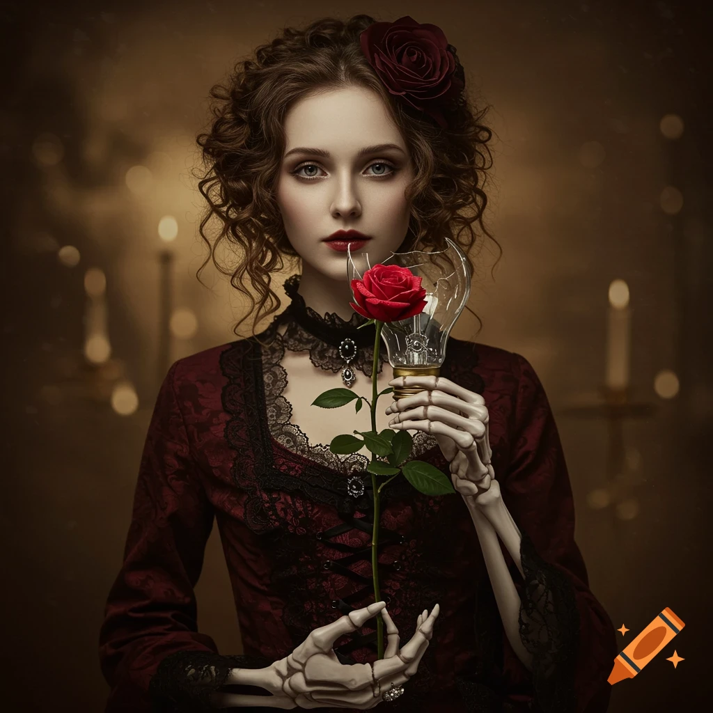 A gothic Victorian lady with skeleton hands holds a broken light bulb with a red rose inside, in a dark, elegant setting.