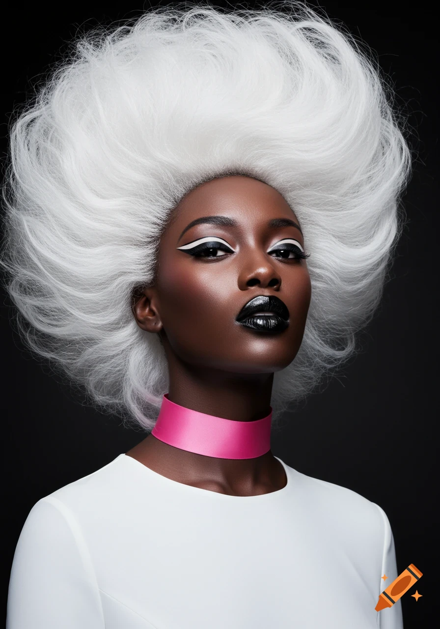 Photorealistic portrait of a woman with voluminous white hair, dark skin, black and white eyeliner, black lipstick, and a pink choker.