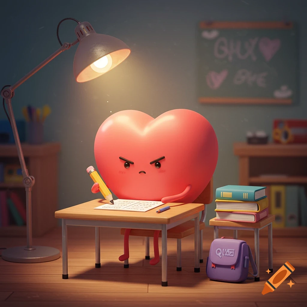 A cute, angry red heart character sits at a desk, writing on paper under a desk lamp in a classroom. A purple backpack and books are nearby.