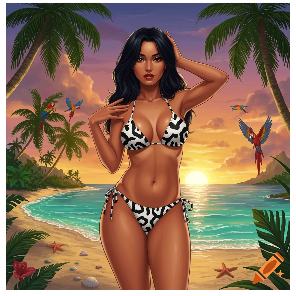 A stylized illustration of a woman in a black and white leopard print bikini on a tropical beach at sunset.