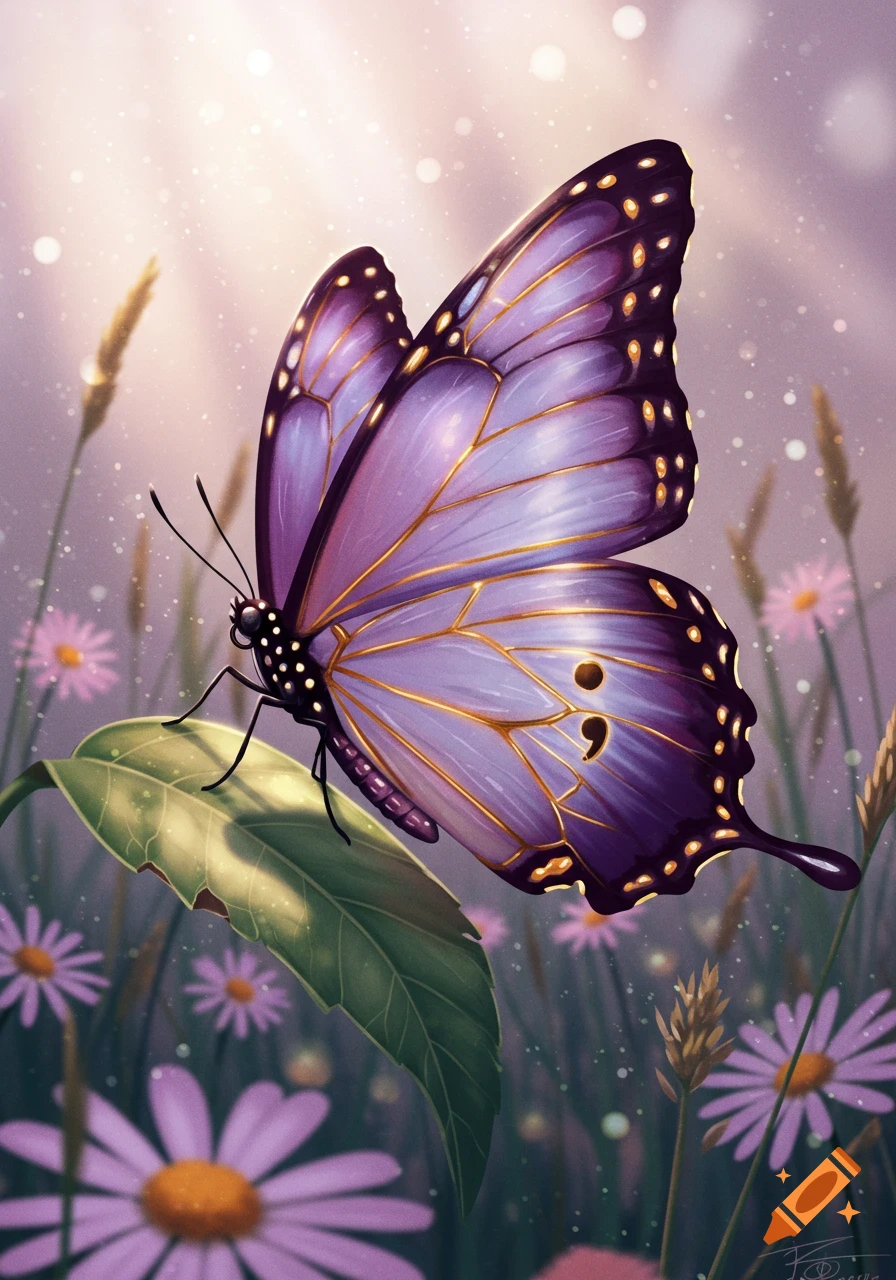 A purple butterfly with golden veins and a semicolon mark on its wing rests on a leaf in a field of purple flowers under soft light, digital art.