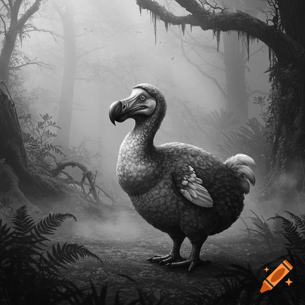 A grayscale dodo bird stands in a misty, dark forest.