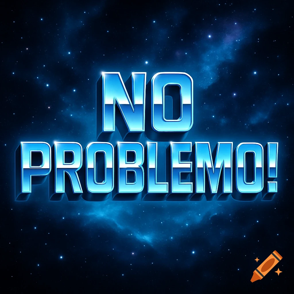 Shiny blue 3D text 'NO PROBLEMO!' against a dark blue starry space background.