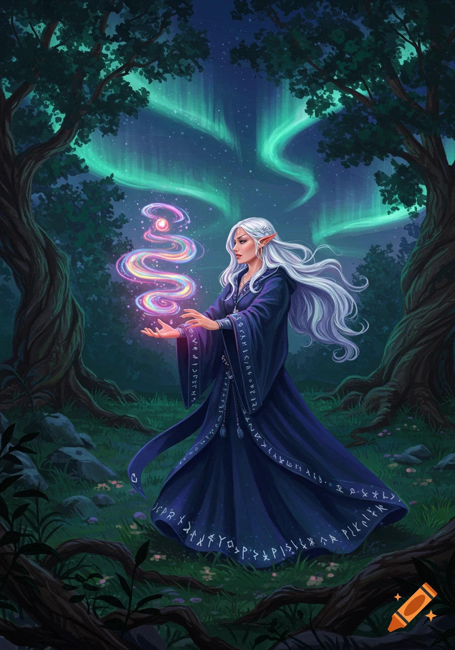 An elf-like woman with long white hair in a dark blue robe casts a spell with glowing, rainbow-colored magic in a dark forest under an aurora borealis sky.