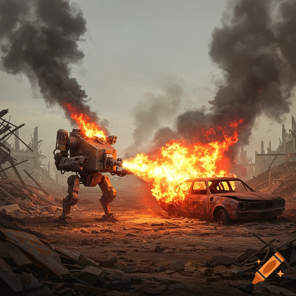 A robotic flamethrower ignites a car in a desolate, smoke-filled, post-apocalyptic ruin.